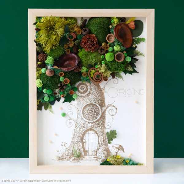 tableau-végétal-vegetaux-stabilisé-gravure-sur-papier-personnage-elfique-lutin-jardin-suspendu-origine-atelier-floral-sophie-court