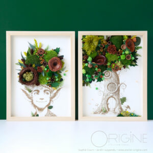 tableau-végétal-vegetaux-stabilisé-gravure-sur-papier-personnage-elfique-lutin-jardin-suspendu-origine-atelier-floral-sophie-court